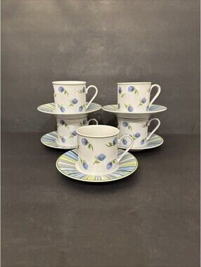 Laura Ashley BRAMBLE Set Of 5 Cups & Saucers Purple Blackberries Green Stripes